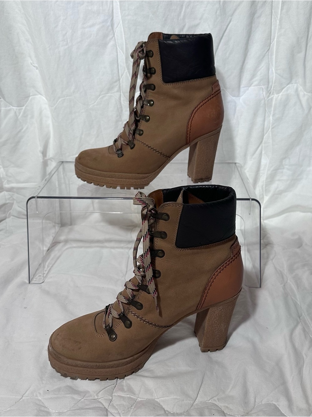 See By Chloe Brown and Black Lace-Up Block Heel Ankle Boots
